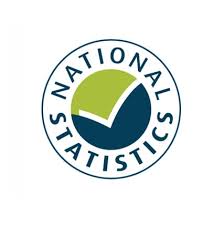 The logo for National Statistics, featuring a circular emblem. Inside the circle is a stylized checkmark that divides the center into a lime green upper section and a navy blue lower section. The words "NATIONAL STATISTICS" wrap around the border in a navy blue sans-serif font.