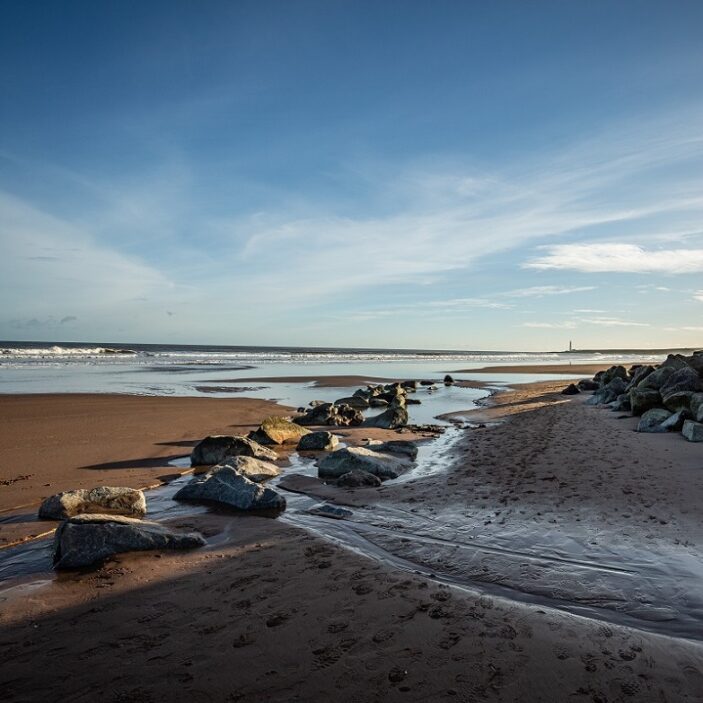 A wide-angle landscape of Montrose Beach at low tide, featuring a line of large rocks cutting through wet, footprint-marked sand leading toward the ocean. A small stream of water reflects the bright blue sky, which is filled with soft, wispy white clouds. In the far distance, a thin white lighthouse sits on the horizon under a clear, expansive sky.