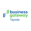 Three wavy, parallel lines in blue and green to the left of the text "business gateway Tayside" in a clean, sans-serif font.