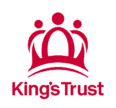 A solid red logo featuring a stylized crown made of three connected figures above the bold text "King’s Trust."
