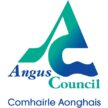The logo for Angus Council, featuring a large stylized graphic of the letters "A" and "C" in a teal-to-blue gradient. The words "Angus Council" are written in a serif font, and below them, the Gaelic name "Comhairle Aonghais" is displayed in a simple blue sans-serif font.