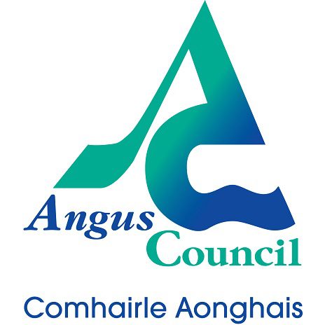 The logo for Angus Council, featuring a large stylized graphic of the letters "A" and "C" in a teal-to-blue gradient. The words "Angus Council" are written in a serif font, and below them, the Gaelic name "Comhairle Aonghais" is displayed in a simple blue sans-serif font.