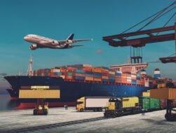 A busy global logistics hub at twilight featuring a large container ship docked at a port, a cargo plane flying overhead, a freight train, a semi-truck, and heavy machinery handling shipping containers under large orange cranes.