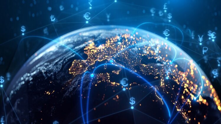 A digital illustration of the Earth from space at night, showing city lights across Europe and Africa connected by glowing blue lines and floating currency symbols like the dollar, euro, and yen.