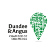 Logo featuring the text "Dundee & Angus CHAMBER OF COMMERCE" next to a green map-pin icon filled with various small icons representing local industry and culture, such as a ship, a controller, and a bridge.