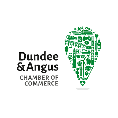 Logo featuring the text "Dundee & Angus CHAMBER OF COMMERCE" next to a green map-pin icon filled with various small icons representing local industry and culture, such as a ship, a controller, and a bridge.