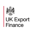 A formal logo featuring the Royal Coat of Arms of the United Kingdom in black, positioned above the text "UK Export Finance," with a vertical red line to the left of the text.