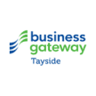 Three wavy, parallel lines in blue and green to the left of the text "business gateway Tayside" in a clean, sans-serif font.