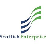 A logo featuring three upward-curving, parallel waves in navy blue and bright green, followed by the text "Scottish Enterprise."