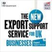 A promotional graphic for "The New Export Support Service for UK Businesses." It includes the HM Government logo, a "Made in Britain" stamp, and a blue circular tag reading "The New."