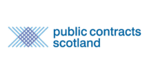 The logo for Public Contracts Scotland, featuring the brand name in blue lowercase text next to a geometric icon of interwoven light and dark blue diagonal lines forming a diamond shape.
