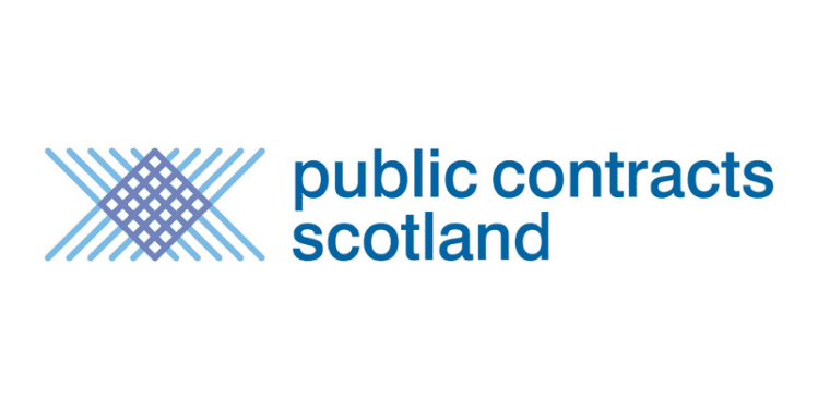 The logo for Public Contracts Scotland, featuring the brand name in blue lowercase text next to a geometric icon of interwoven light and dark blue diagonal lines forming a diamond shape.