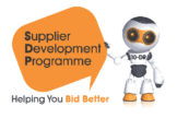 The logo for the Supplier Development Programme, featuring a small white and orange robot holding an orange speech bubble. Inside the bubble is the text "Supplier Development Programme" with the initials SDP emphasized. Below, the tagline reads "Helping You Bid Better".