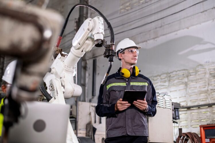 An engineer in a white hard hat, safety glasses, and hearing protection stands in an industrial factory, holding a tablet and looking at a large robotic welding arm. He is wearing a grey work uniform with reflective stripes.