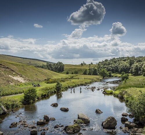 A wide landscape of a river winding through a lush green valley under a bright, cloudy sky. People are wading in the shallow water, and a red car is parked on the grassy bank to the left.