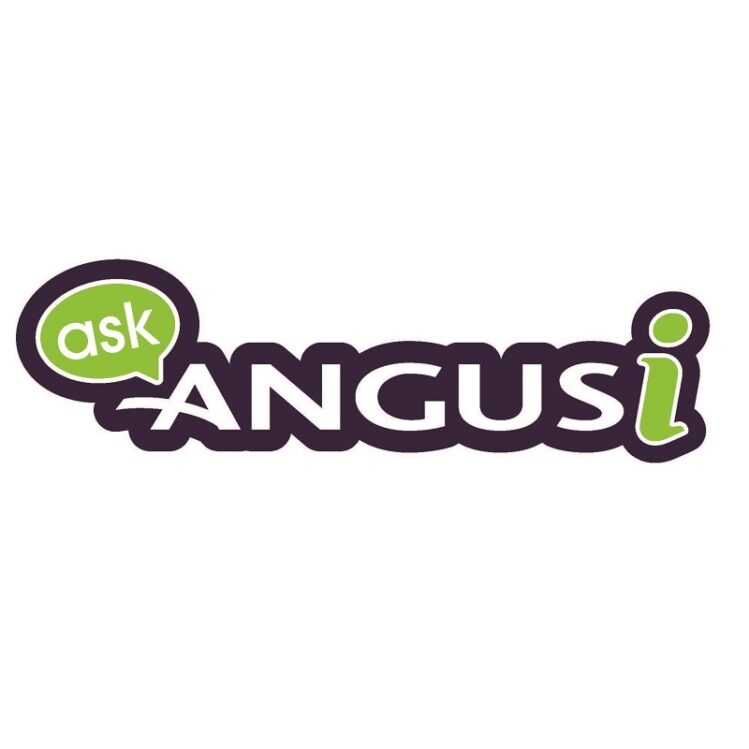 A logo featuring the words "ASK ANGUS" in bold, dark purple letters. The word "ask" is inside a green speech bubble, and the final "i" in Angus is also bright green.