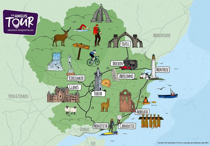An illustrated map titled "The Angus Tour: Adventure designed by you." It features a green landmass of the Angus region in Scotland with colorful icons representing local landmarks and activities. Notable illustrations include Glamis Castle, Arbroath Abbey, the Montrose lighthouse, and various towns like Forfar, Kirriemuir, and Brechin. Activities depicted include hiking, cycling, wild swimming, and paddleboarding, alongside local symbols like an Arbroath Smokie and a Forfar Bridie.
