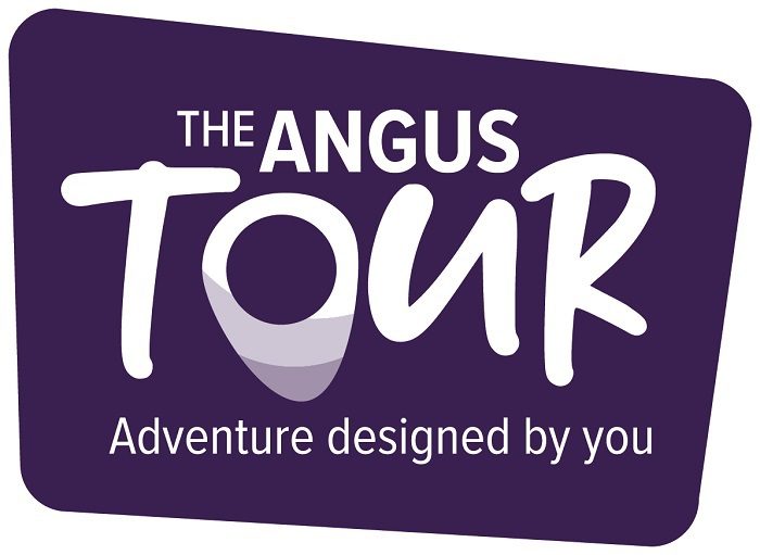 A purple rectangular logo with rounded corners featuring the text "THE ANGUS TOUR" in white. The word "TOUR" is in a large, handwritten script font, with the "O" designed to look like a map location pin. Below this, the tagline reads "Adventure designed by you."