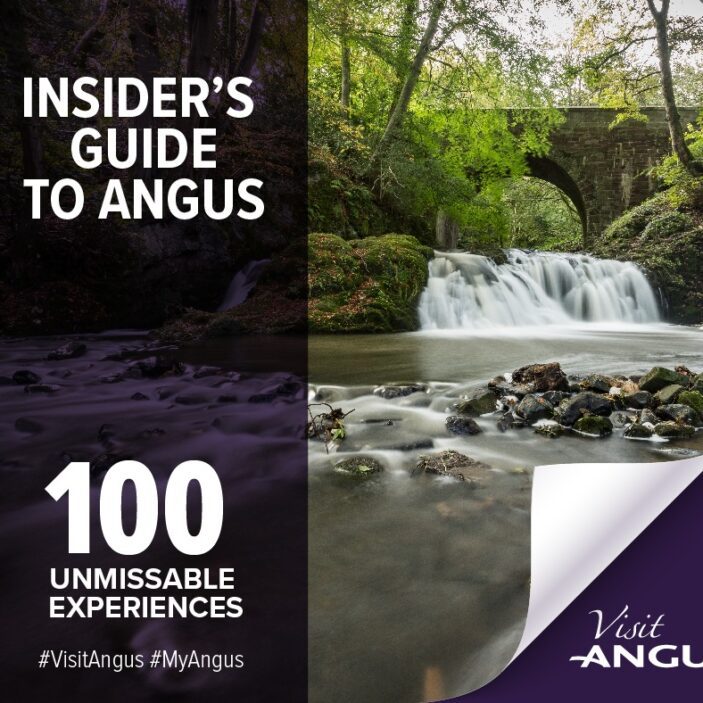 A promotional graphic featuring a long-exposure photograph of a waterfall flowing under a stone arch bridge in a lush, wooded area. Text overlays on a dark purple sidebar read "INSIDER'S GUIDE TO ANGUS" and "100 UNMISSABLE EXPERIENCES," with the Visit Angus logo and social media hashtags in the bottom corners.