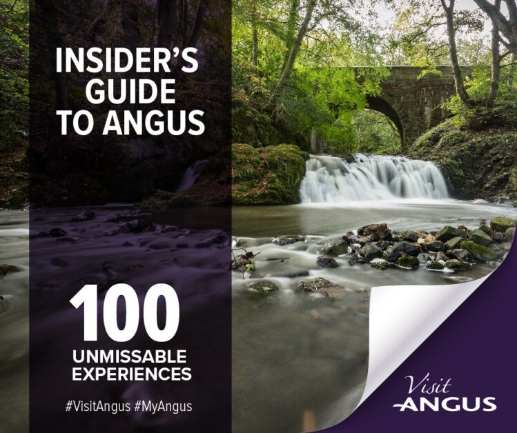 A promotional graphic featuring a long-exposure photograph of a waterfall flowing under a stone arch bridge in a lush, wooded area. Text overlays on a dark purple sidebar read "INSIDER'S GUIDE TO ANGUS" and "100 UNMISSABLE EXPERIENCES," with the Visit Angus logo and social media hashtags in the bottom corners.
