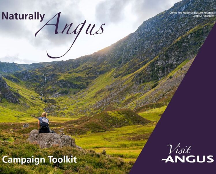 A promotional graphic for the "Naturally Angus" campaign featuring a hiker with a backpack sitting on a rock, looking out over the expansive, green slopes of Corrie Fee National Nature Reserve. The image includes the "Visit Angus" logo in the bottom right corner against a purple diagonal overlay, with the text "Campaign Toolkit" in the bottom left.