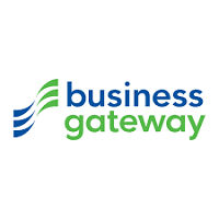 Logo for Business Gateway featuring three wavy, parallel lines in blue and green to the left of the brand name. The word "business" is in blue lowercase text, stacked above the word "gateway" in green lowercase text.
