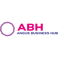 Logo for Angus Business Hub featuring a circular emblem made of interlocking pink and navy blue wavy lines. To the right, the large pink initials "ABH" sit above the full name "ANGUS BUSINESS HUB" in smaller navy blue capital letters.