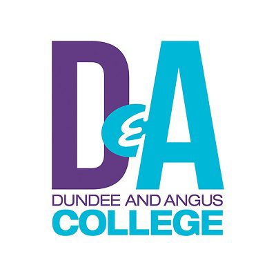 A bold, modern logo featuring large, overlapping letters "D" in purple and "A" in bright cyan. A smaller white ampersand is centered where the letters overlap. The full text "DUNDEE AND ANGUS COLLEGE" is stacked underneath in purple and cyan.