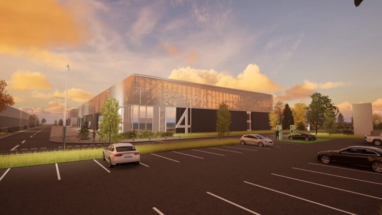 A digital architectural visualization of a modern industrial warehouse at sunset. The building features a large "4" on a dark grey facade with a reflective, patterned upper section. In the foreground, a parking lot includes a white car and electric vehicle charging stations.