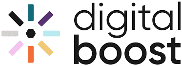 Logo for "digital boost" featuring a multicolored sunburst icon made of rounded rectangular rays and a central black hexagon, followed by the brand name in lowercase black sans-serif text.