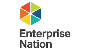 Logo for "Enterprise Nation" featuring a multicolored hexagon made of six triangular segments in orange, green, blue, teal, and yellow, with the brand name in bold grey sans-serif text below.