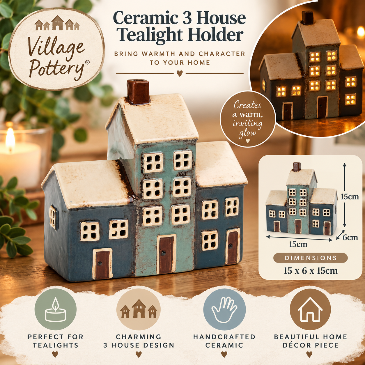 Rustic Ceramic Village Tealight Holder Ad Village Pottery Ceramic 3 House Tealight Holder