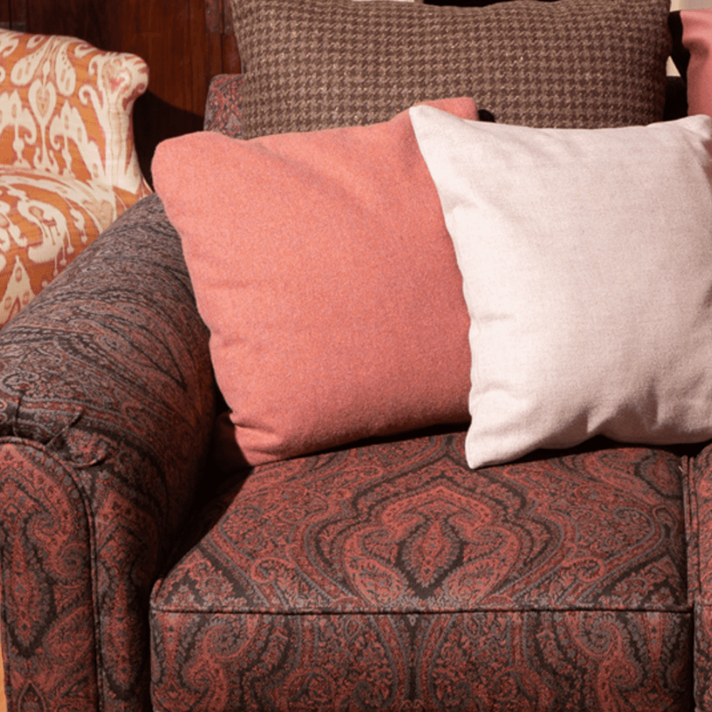 Inchcolm Abbey Collection Cover - a patterned armchair upholstered in a red and charcoal paisley fabric, decorated with two large cushions—one in coral and one in light cream. A houndstooth cushion sits behind them, and another patterned chair is visible in the background.
