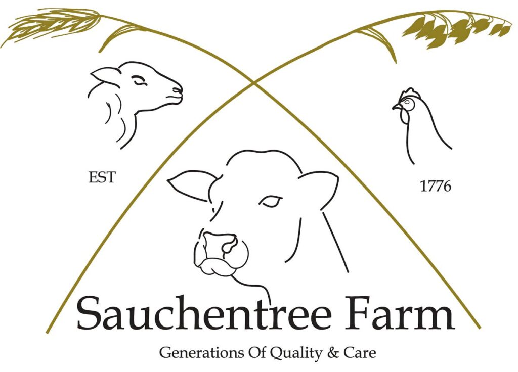 Alana's logo design for Sauchentree Farm: two cereal crops crossing over to form a triangle, under which sits a line drawing of a cow. There is a sheep and chicken at each side.