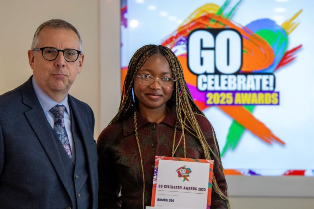 NESCol Principal Neil Cowie and Nwamaka Obi at the Go Celebrate! Student Awards