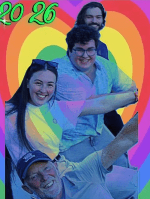 Kaleidoscope smiling with a rainbow heart background with '2026' in green text.