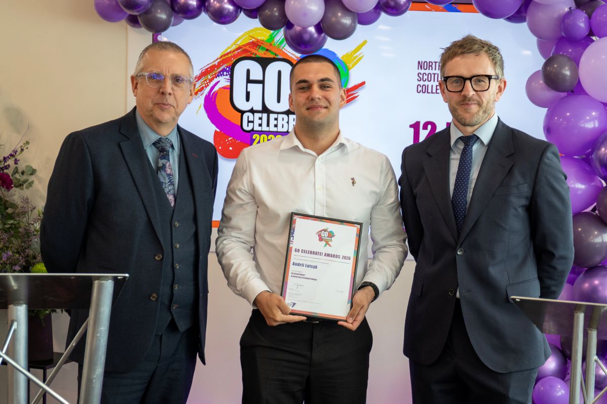 Andrii with NESCol Principal Neil Cowie and Vice Principal Robin McGregor at Go Celebrate