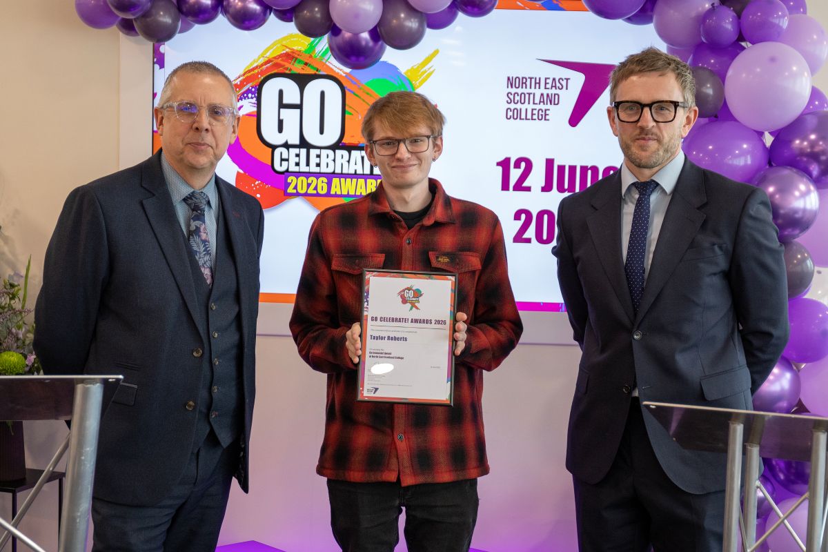 Taylor with NESCol Principal Neil Cowie and Vice Principal Robin McGregor at Go Celebrate