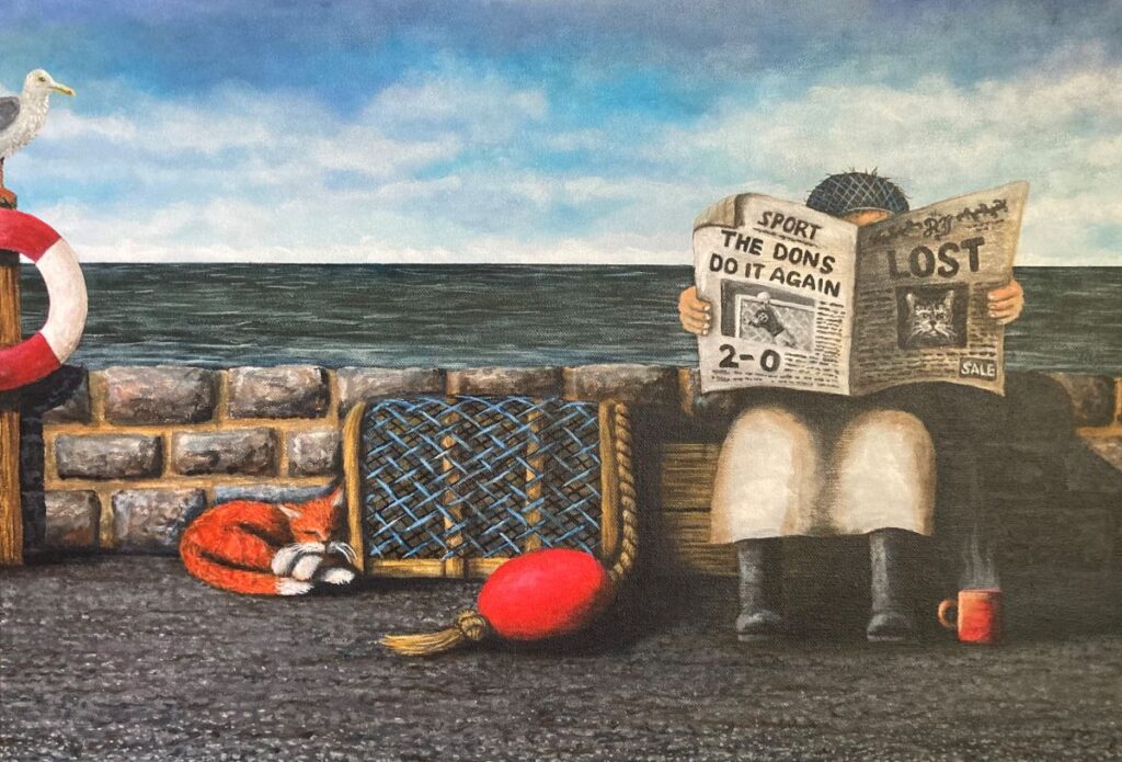 A painting by Robert Johnston showing a man sitting on a wall reading a paper, with the sea in the background and an orange cat sleeping.