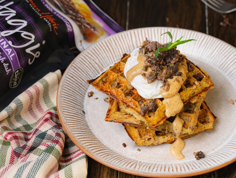 Haggis Potato Waffles with Eggs & Peppercorn Sauce