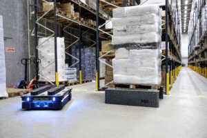 MiR autonomous mobile robots in a warehouse