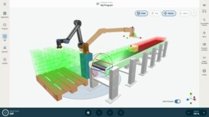 Screenshot of a screen from UR Studio, showing a simulation of a cobot