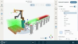 Screenshot of a screen from UR Studio, showing a simulation of a cobot