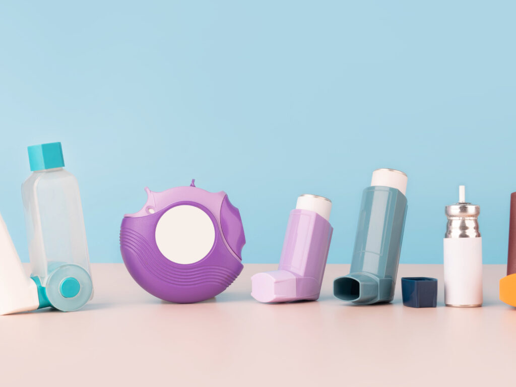 Set of asthma inhalers for asthma and COPD patients on table – SP ...