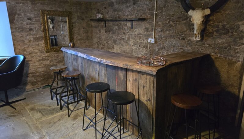 A rustic, basement-level bar with stone walls and a natural wood counter. It features several industrial-style bar stools, a mounted animal skull with large horns, and a gold-framed mirror.