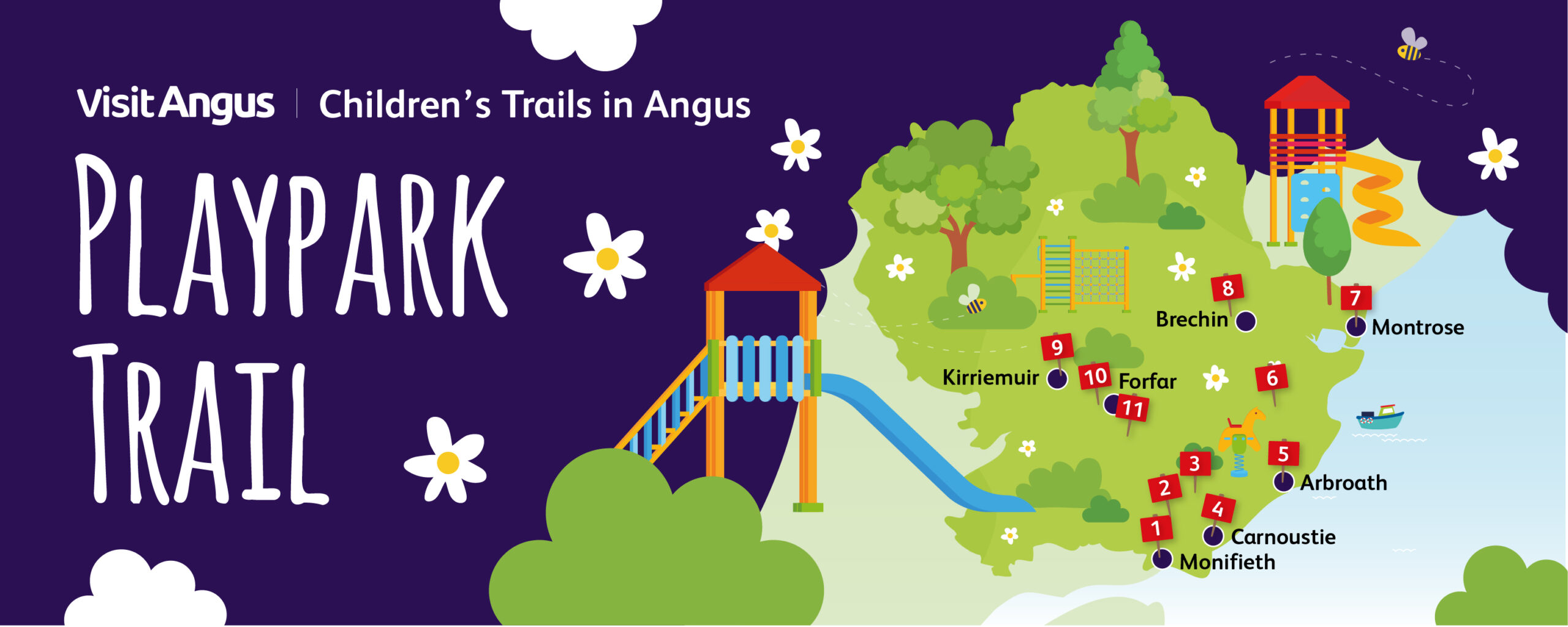 Illustrated “Playpark Trail” map showing children’s playparks across Angus, with numbered locations near Monifieth, Carnoustie, Arbroath, Forfar, Kirriemuir, Brechin and Montrose, alongside colourful playground equipment, trees, flowers and bees.