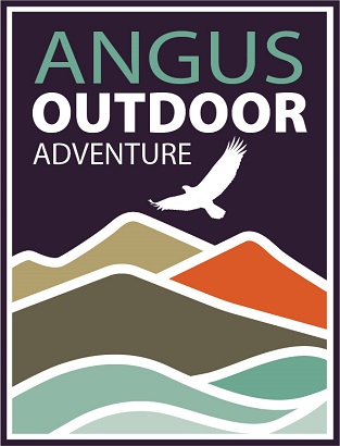 A vertically oriented logo for "ANGUS OUTDOOR ADVENTURE" against a deep purple background. The design features a layered graphic of abstract, rolling hills and mountains in shades of brown, olive green, cream, and orange. A white eagle or raptor silhouette is flying across the mountains, and the text is split into three lines: "ANGUS" in teal, and "OUTDOOR ADVENTURE" in white.