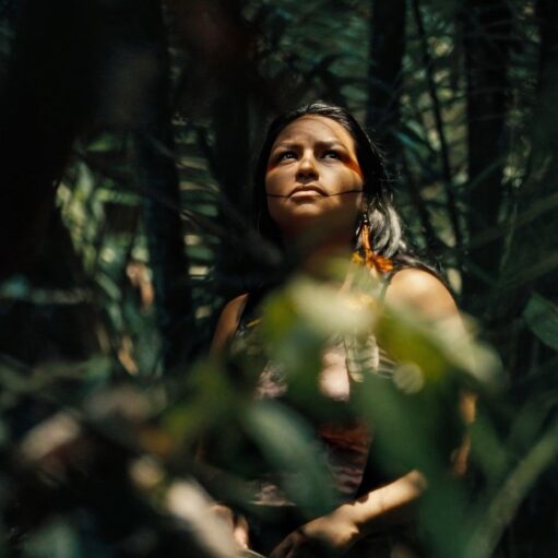 A person with long dark hair and traditional facial markings looks upward with a focused expression while partially obscured by dense forest foliage. They are adorned with orange feathered earrings, and warm sunlight filters through the canopy, creating dappled shadows across their face and the surrounding greenery.