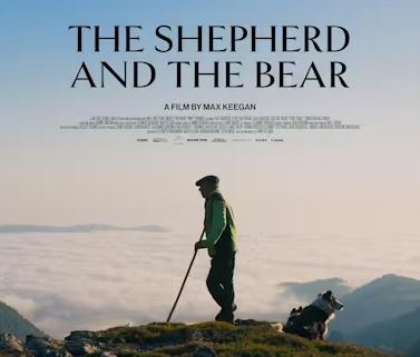 A film poster for "The Shepherd and the Bear," a film by Max Keegan. The image shows a silhouette of a shepherd holding a staff and standing on a rocky mountain peak next to a sheepdog. They are looking out over a thick layer of clouds filling the valley below under a soft, morning sky.