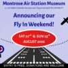 Promotional poster for Montrose Air Station Museum announcing a Fly-In Weekend on 22 and 23 August 2026, featuring a stylised runway, an aircraft silhouette, aviation-themed graphics and text stating that entry is free and donations are welcome.